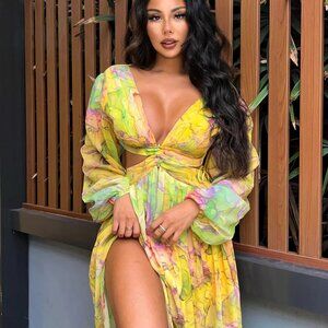 Fashion Nova Willow Long Sleeve Maxi Dress - Yellow/mixed color